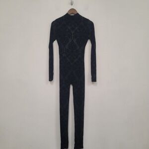 Meek‎ Velvet Burnout Jumpsuit Size L Whimsigoth Baddie Sheer Black Long Sleeve